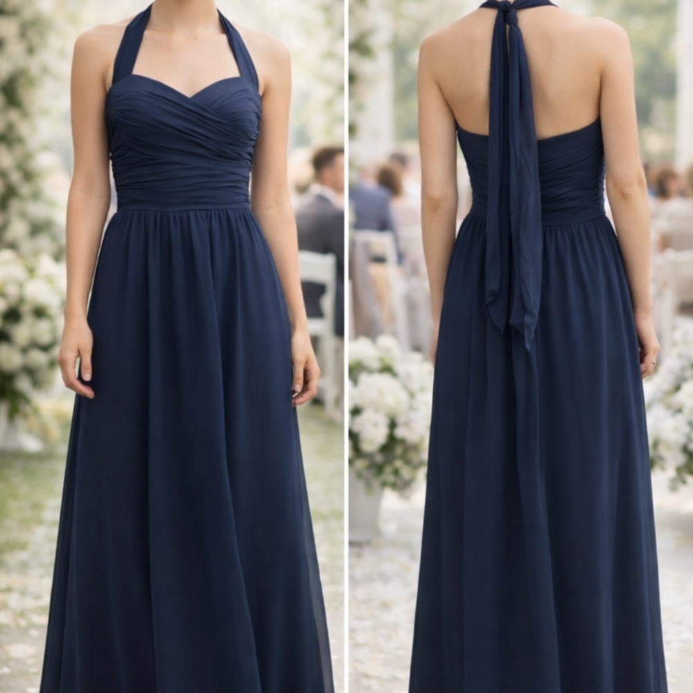 Alfred Angelo Navy Halter Bridesmaid Dress Maxi Formal Gown Chiffon A Line
